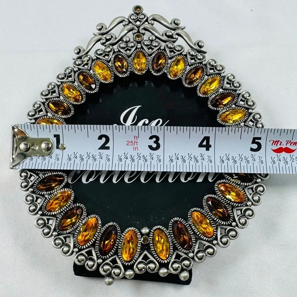 VTG Round Ornate Metal Picture Frame Amber Crystal Jewels Two's Company REGENCY